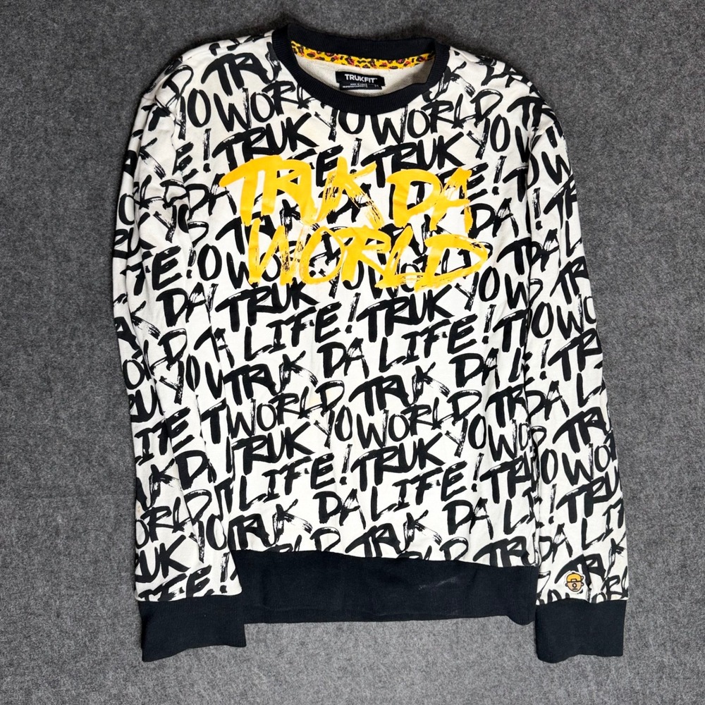 Trukfit Mens‎ Truk Da World Graffiti Print Sweatshirt White Black Yellow Medium